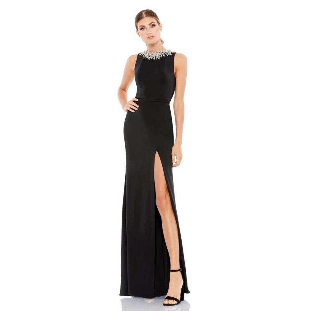Mac Duggal Sleeveless Rhinestone Collar Column Gown 2 Black Rhinestone Crystal